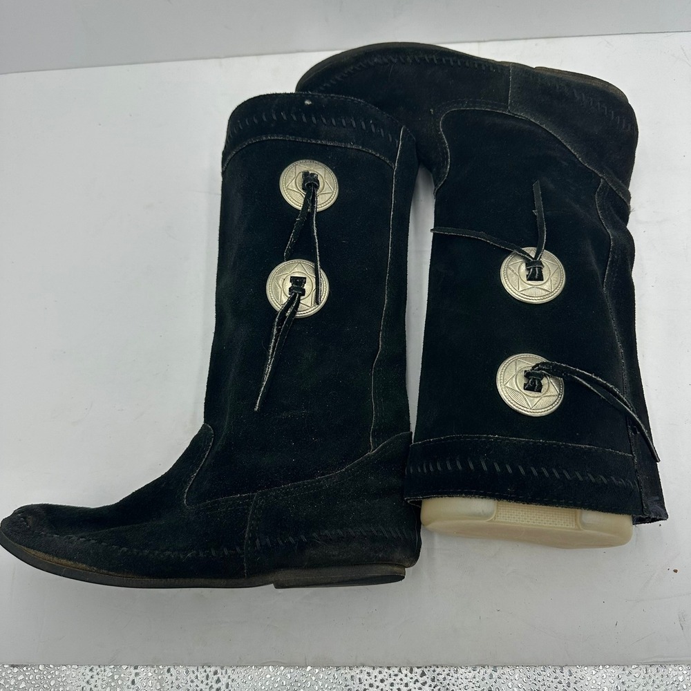 Minnetonka Womens Black Suede Moccasin Mid Calf Boots Concho Button Size 7 - Picture 4 of 8